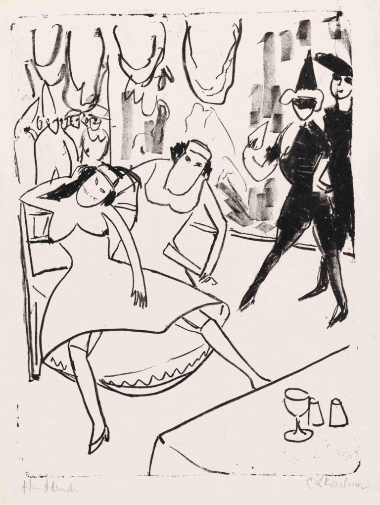 Maskenball,gemaskerd bal,Ernst Ludwig Kirchner,Schetsen,Schetsen, monochroom, jurk, dansen, hoge hakken