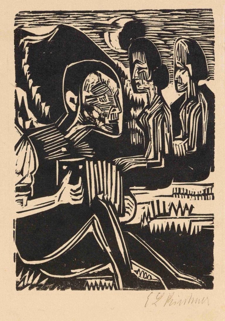 Mondnacht,Maanverlichte nacht,Ernst Ludwig Kirchner,Koperplaatetsing,Koperplaatetsing, monochroom, zitten