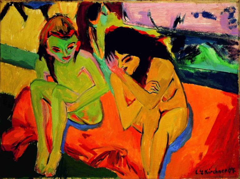 Nackte Mädchen unterhalten sich,Naakte meiden chatten,Ernst Ludwig Kirchner,Pastelkleur,Pastelkleur