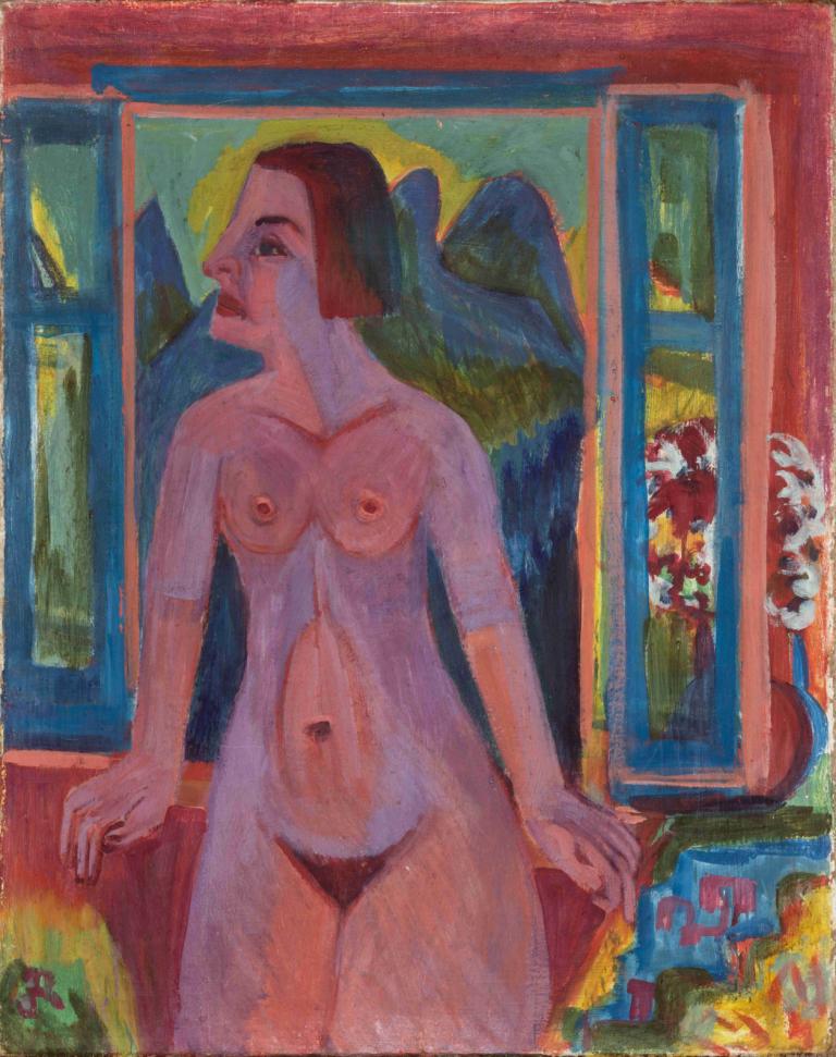 Nude Woman at window,Wanita telanjang di jendela,Ernst Ludwig Kirchner,Pastel,Pastel, 1 gadis, solo, puting