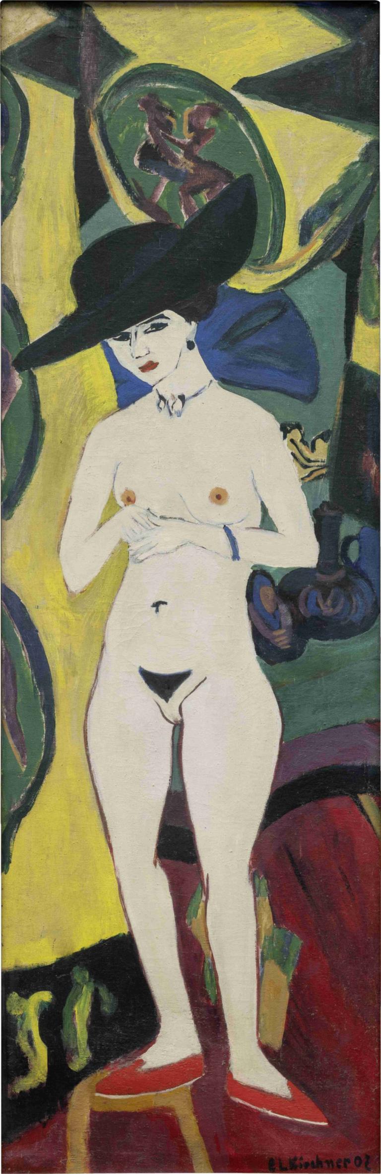 Nude with Hat,Telanjang dengan Topi,Ernst Ludwig Kirchner,Pastel,Pastel, 1 gadis, solo, puting, telanjang