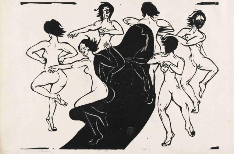 Nudes Dancing around a Shadow,Orang Telanjang Menari di Sekitar Bayangan,Ernst Ludwig Kirchner,Sketsa,Sketsa