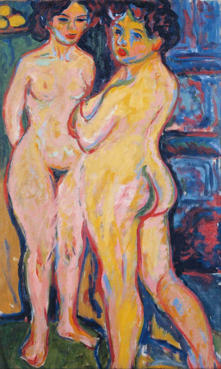 Nudes Standing by Stove,Telanjang Berdiri di Dekat Kompor,Ernst Ludwig Kirchner,Pastel,Pastel, banyak gadis