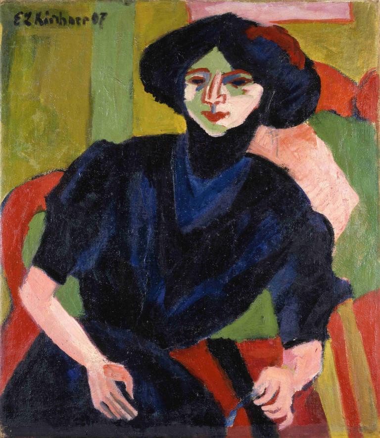 Portrait of a Woman,Potret Seorang Wanita,Ernst Ludwig Kirchner,Pastel,Pastel, 1 gadis, solo, gaun