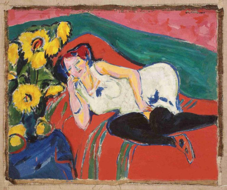 Reclining Woman in a White Chemise,Ležeča ženska v beli halji,Ernst Ludwig Kirchner,Pastel,Pastel, 1 dekle