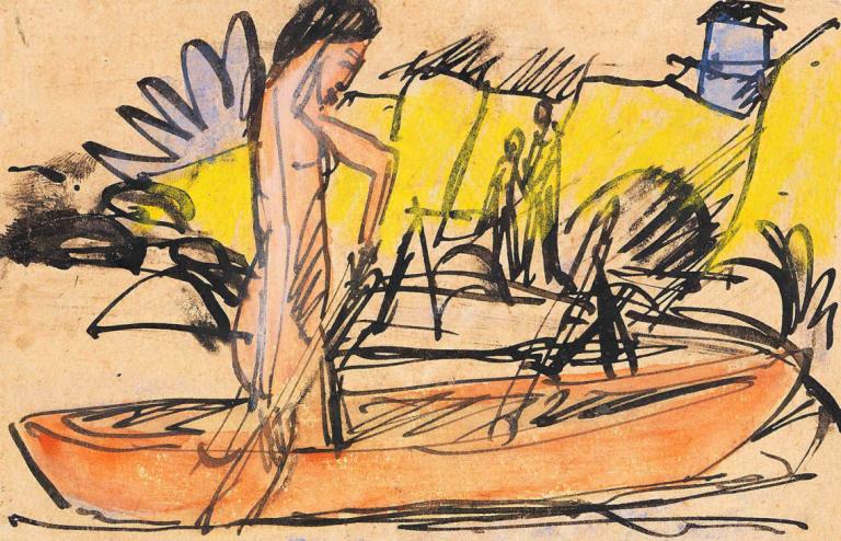 Rudernder Akt,Ernst Ludwig Kirchner,Pastel,Pastel, 1girl, watercraft, nude, boat, solo, fine art parody