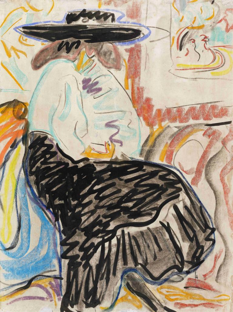 Seated Woman in the Studio,Wanita Duduk di Studio,Ernst Ludwig Kirchner,Pastel,Pastel, solo, 1 gadis