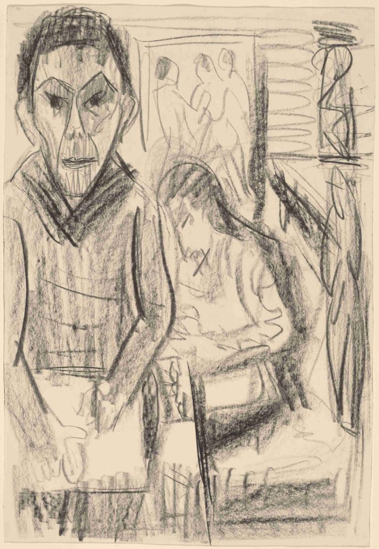 Self-Portrait in the Studio,Potret Diri di Studio,Ernst Ludwig Kirchner,Sketsa,Sketsa, satu warna, sketsa