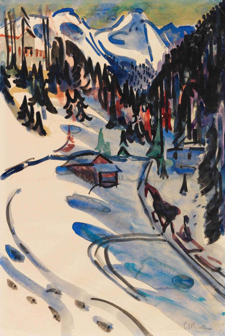 Sertigtal im Winter,Долина Сертиг зимой,Ernst Ludwig Kirchner,Эрнст Людвиг Кирхнер,Акварель,Акварель, снег