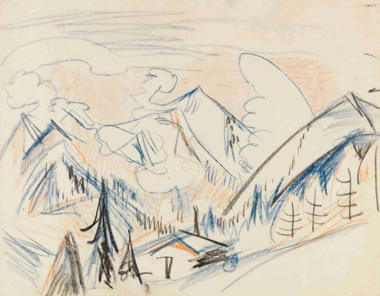 Stafelalp,Ernst Ludwig Kirchner,Pastel,Pastel, kroki, dağ, geleneksel medya, ev, insan yok, renk izi