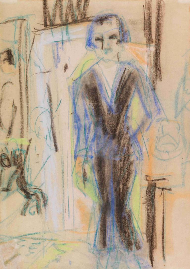 Stehende Dame im Abendkleid,Gece elbiseli ayakta duran bayan,Ernst Ludwig Kirchner,Pastel,Pastel, 1kız, solo