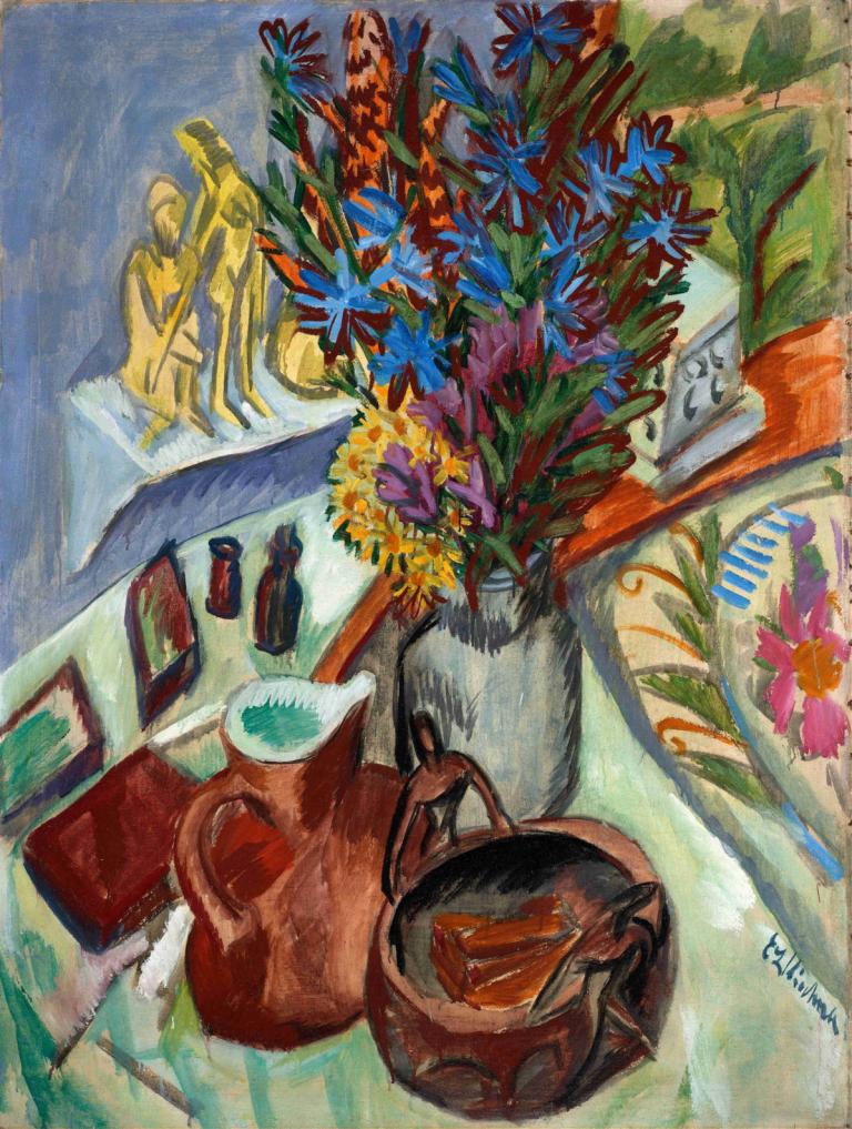 Still Life with Jug and African Bowl,Sürahi ve Afrika Kasesi ile Natürmort,Ernst Ludwig Kirchner,Pastel