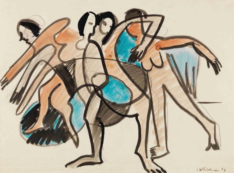 Tanzgruppe,Dansegruppe,Ernst Ludwig Kirchner,Farveskitse,Farveskitse, sort hår, flere piger, Underskrift