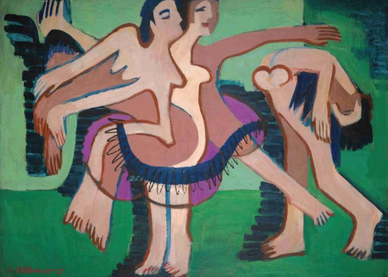 Tanzgruppe (Dance Group),Dansegruppe,Ernst Ludwig Kirchner,Pastel,Pastel, flere piger, sort hår, dans, skygge