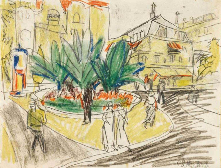 The Bosquet In Albertplatz In Dresden,Bosquet på Albertplatz i Dresden,Ernst Ludwig Kirchner,Pastel,Pastel