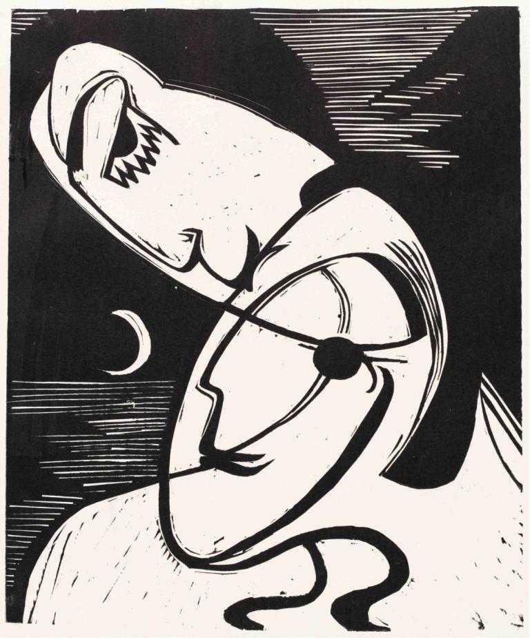 The Kiss,Kysset,Ernst Ludwig Kirchner,Kobberstik ætsning,Kobberstik ætsning, skarpe tænder, tænder, monokrom