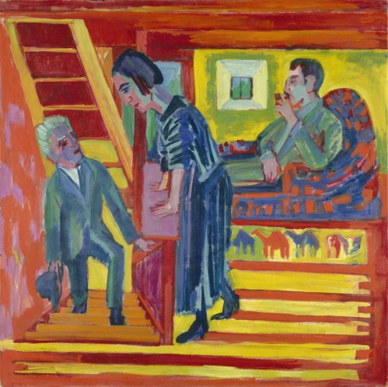 The Visit - Couple and Newcomer,Besøget - Par og nytilkomne,Ernst Ludwig Kirchner,Pastel,Pastel, flere drenge