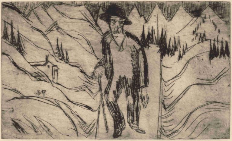 The Wanderer,Vandreren,Ernst Ludwig Kirchner,Skitse,Skitse, hat, monokrom, 1 dreng, mandligt fokus, træ, solo