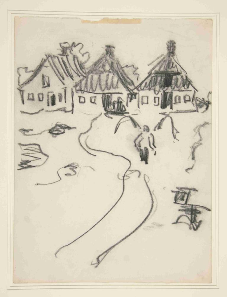 Three Houses,Τρία σπίτια,Ernst Ludwig Kirchner,Σκίτσο,Σκίτσο, σπίτι, μονόχρωμος, σκίτσο, δέντρο, Κτίριο