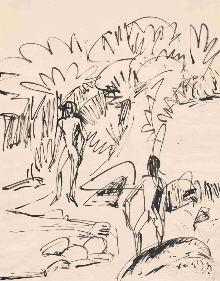 Two Bathers at Fehmarnküste,Δύο λουόμενοι στο Fehmarnküste,Ernst Ludwig Kirchner,Σκίτσο,Σκίτσο, μονόχρωμος