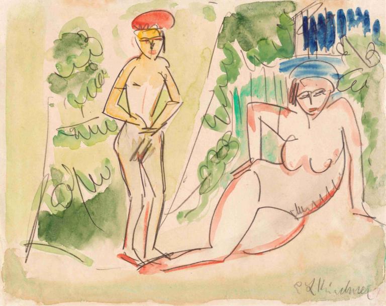 Two Bathers near the Woods,Ernst Ludwig Kirchner,Color Sketch,Color Sketch, 1girl, breasts, nude, nipples