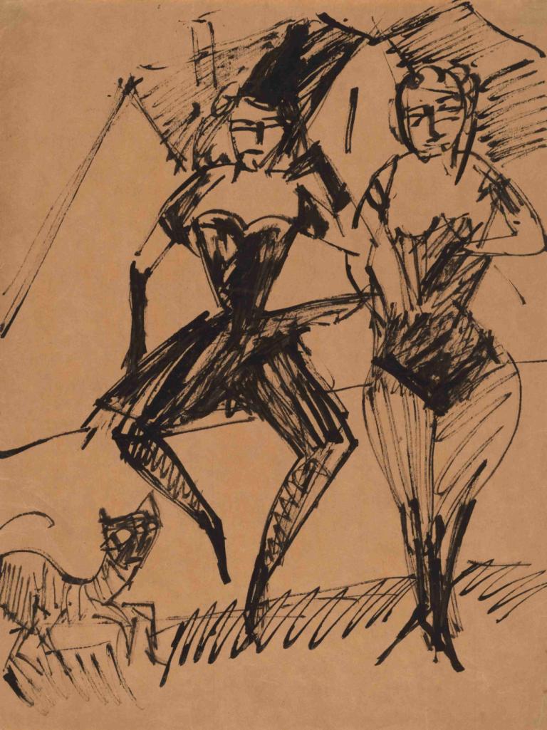 Two Dancers with a Cat,Δύο χορευτές με μια γάτα,Ernst Ludwig Kirchner,Σκίτσο,Σκίτσο, μονόχρωμος