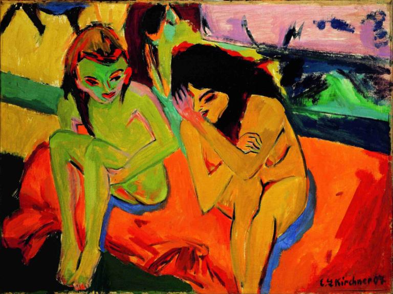 Two Girls,Δύο κορίτσια,Ernst Ludwig Kirchner,Παστέλ,Παστέλ, πολλά κορίτσια, γυμνός, μαύρα μαλλιά