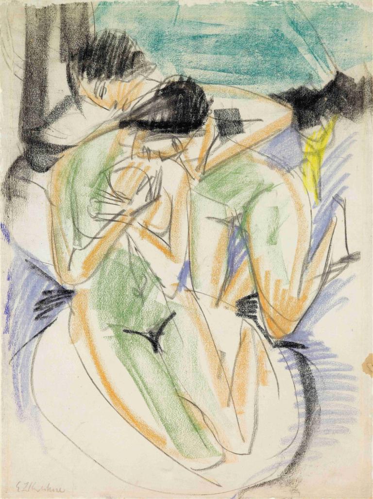 Two Nudes,Δύο γυμνά,Ernst Ludwig Kirchner,Έγχρωμο σκίτσο,Έγχρωμο σκίτσο, γυμνός, πολλά αγόρια, σκίτσο