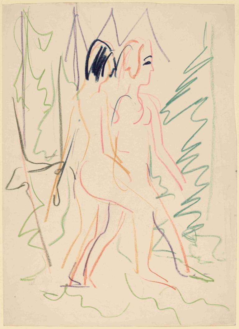 Two Nudes in a Forest,To nøgenbilleder i en skov,Ernst Ludwig Kirchner,Farveskitse,Farveskitse, 1 pige, nøgen