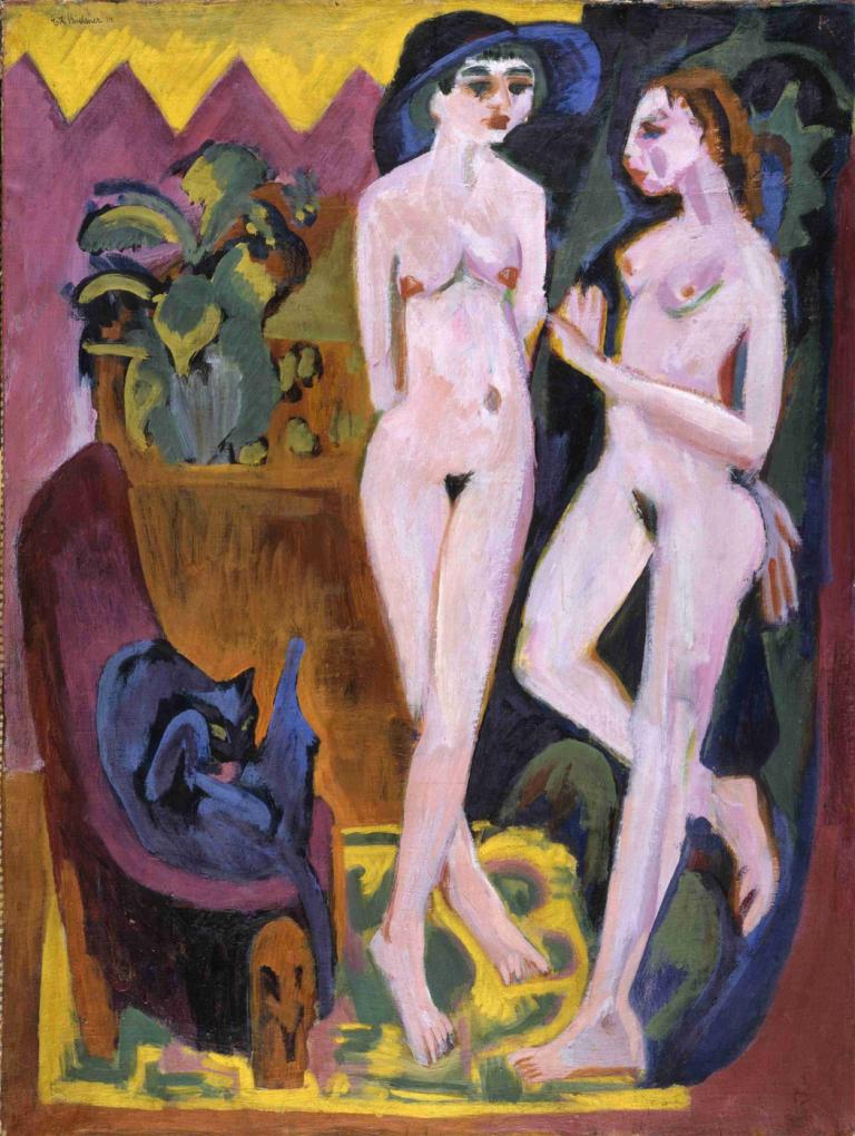 Two Nudes in a Room,To nøgenbilleder i et rum,Ernst Ludwig Kirchner,Pastel,Pastel, flere piger, brystvorter