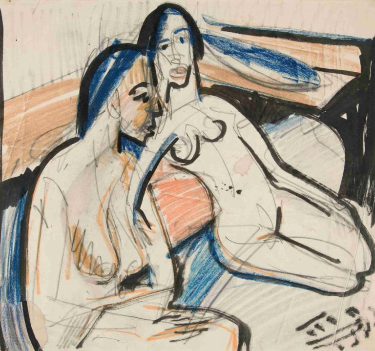 Two Seated Women in Studio,To siddende kvinder i Studio,Ernst Ludwig Kirchner,Farveskitse,Farveskitse, 1 pige