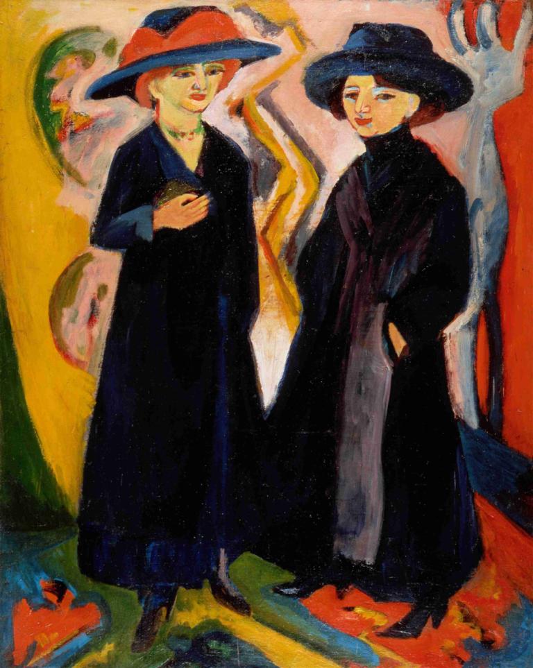 Two Women,To kvinder,Ernst Ludwig Kirchner,Pastel,Pastel, hat, halskæde, smykker, 2 piger, flere piger