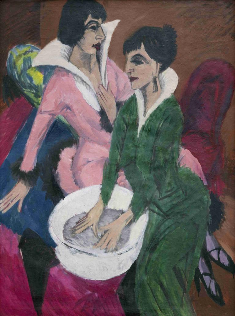 Two Women by a Sink; The Sisters,To kvinder ved en vask; Søstrene,Ernst Ludwig Kirchner,Pastel,Pastel, 1 pige