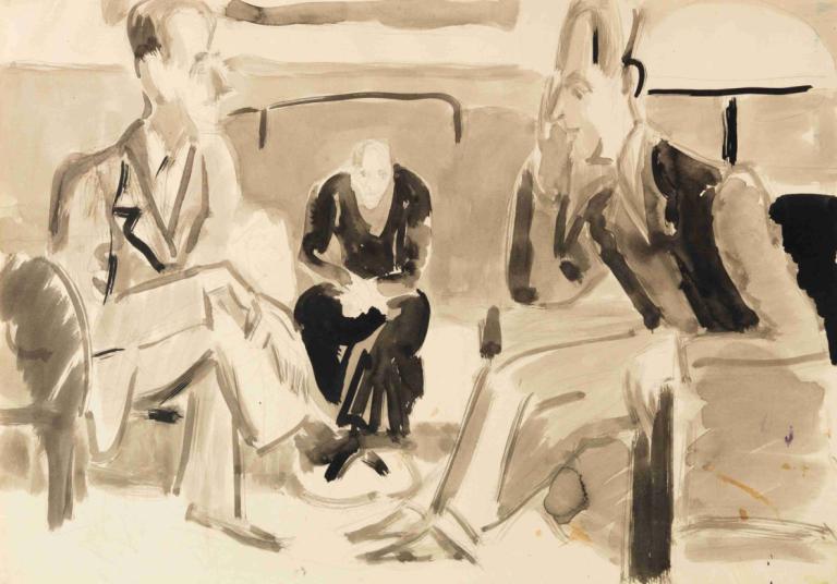 Unterhaltung,Ernst Ludwig Kirchner,Sketch,Sketch, multiple boys, crossed legs, monochrome, sitting, sepia