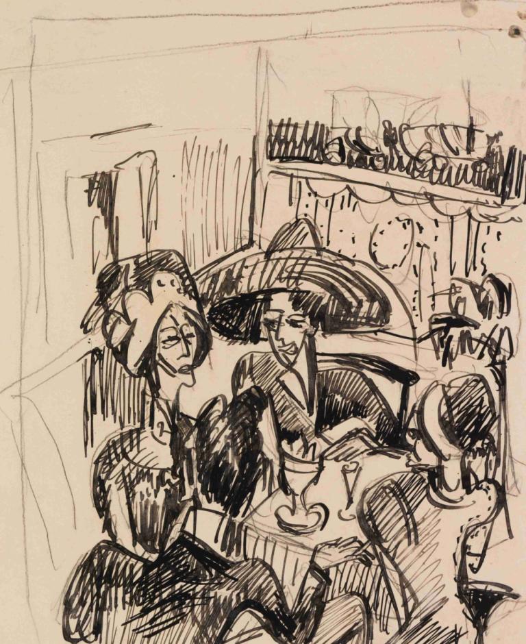 Unterhaltung im Café,Zábava v kavárně,Ernst Ludwig Kirchner,Náčrt,Náčrt, černobílý, skica, 2 kluci, čepice