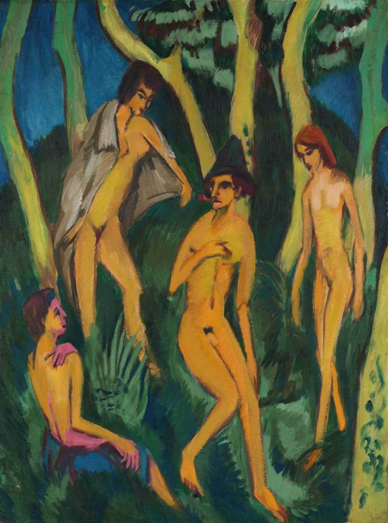 Vier akte unter bäumen,Ernst Ludwig Kirchner,Pastel,Pastel, fine art parody, nude, multiple girls, 4girls