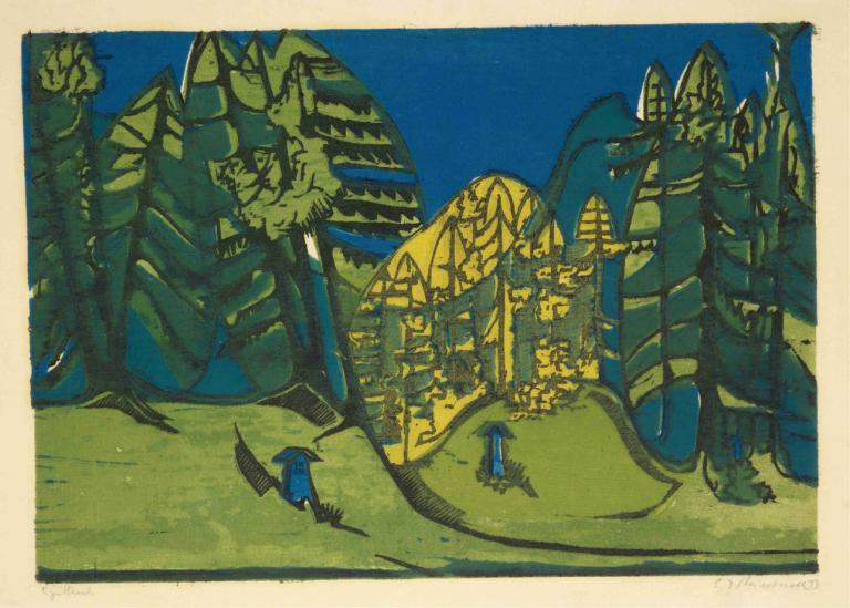 Waldfriedhof,瓦爾德弗里德霍夫,Ernst Ludwig Kirchner,恩斯特·路德維希·基什內爾,插畫,插畫, 戶外, 風景, 邊界, 常設, 天空, 白色邊框