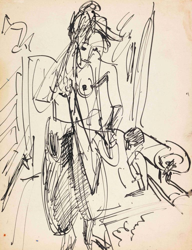 Weiblicher Akt,Ernst Ludwig Kirchner,Sketch,Sketch, monochrome, solo, 1girl, sketch, traditional media