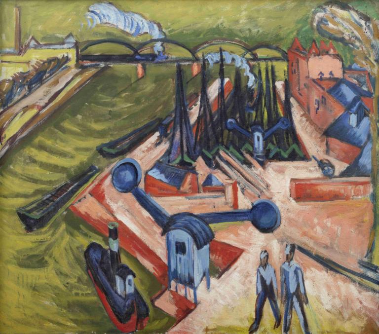 Western Harbour in Frankfurt am Main,Ernst Ludwig Kirchner,Pastel,Pastel, traditional media, retro artstyle