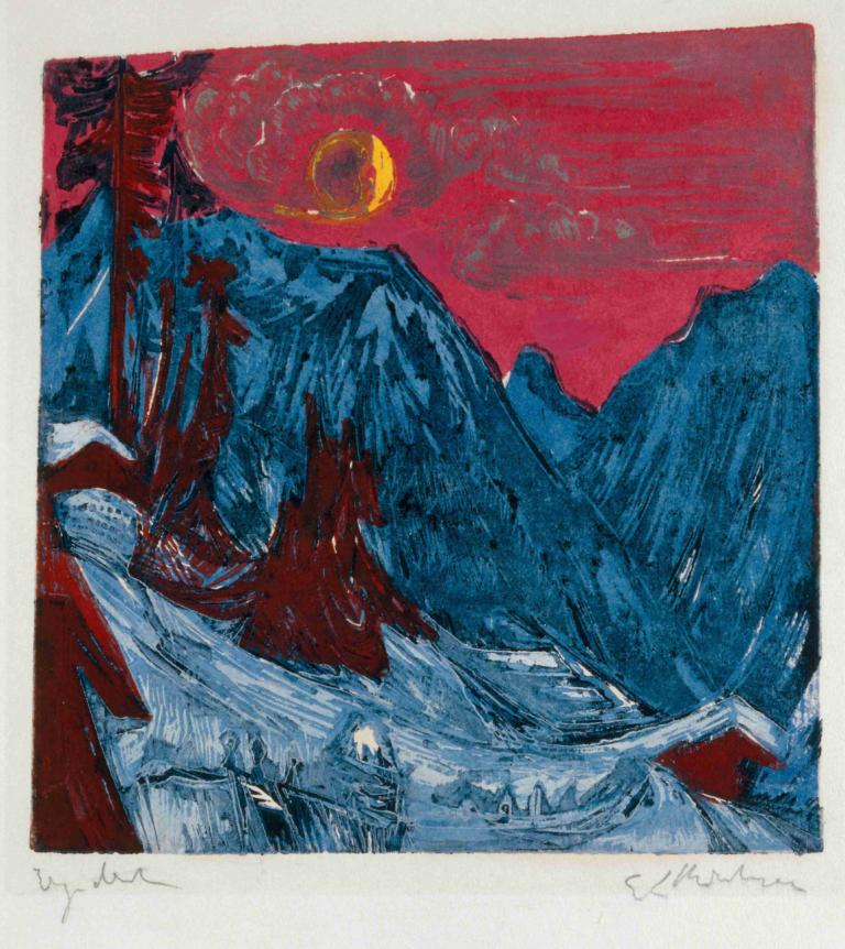 Winter Landscape in Moonlight,Vinterlandskab i måneskin,Ernst Ludwig Kirchner,Pastel,Pastel, bjerg, grænse