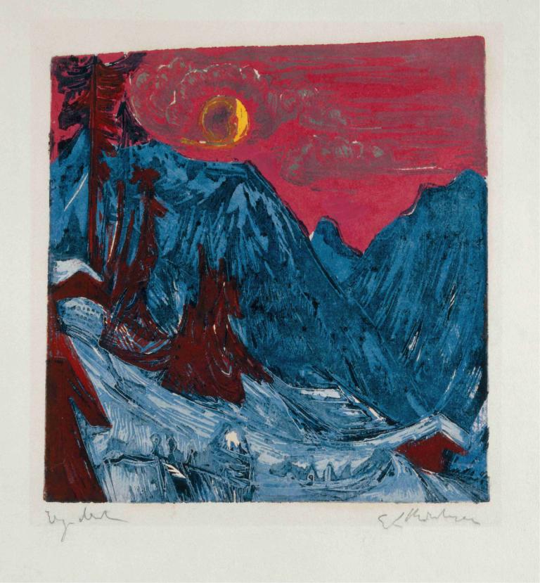 Winter Landscape in Moonlight,Vinterlandskab i måneskin,Ernst Ludwig Kirchner,Pastel,Pastel, bjerg, grænse