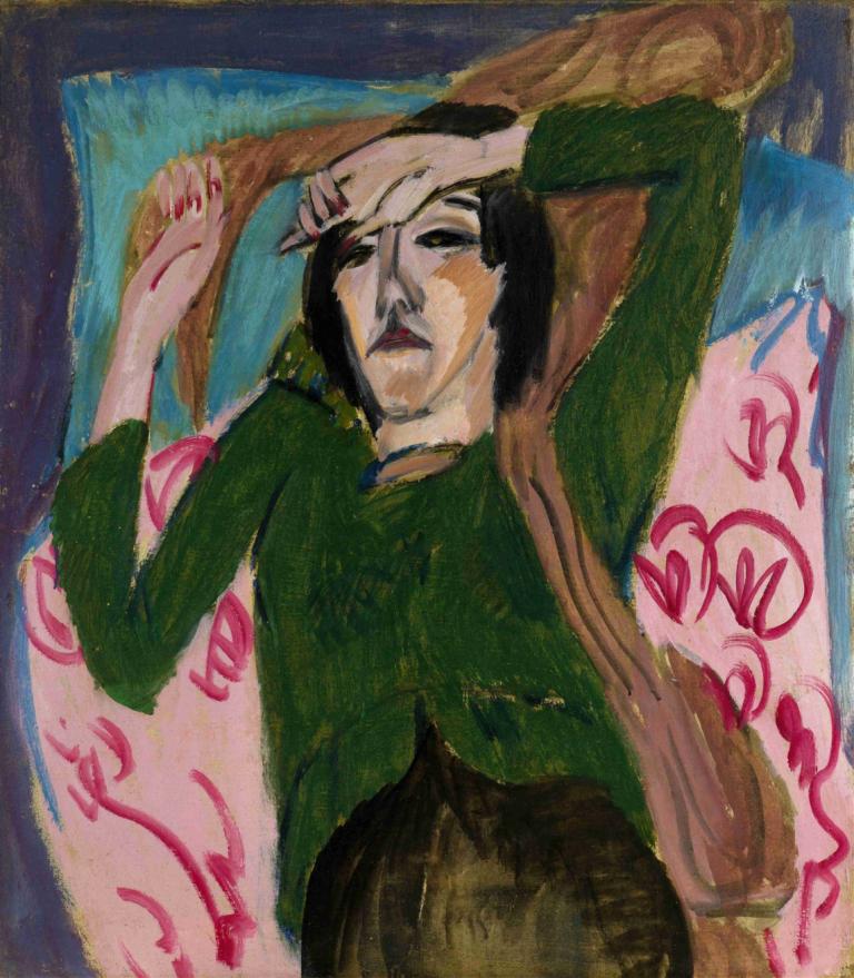 Woman in a Green Jacket,Kvinde i en grøn jakke,Ernst Ludwig Kirchner,Pastel,Pastel, solo, sort hår