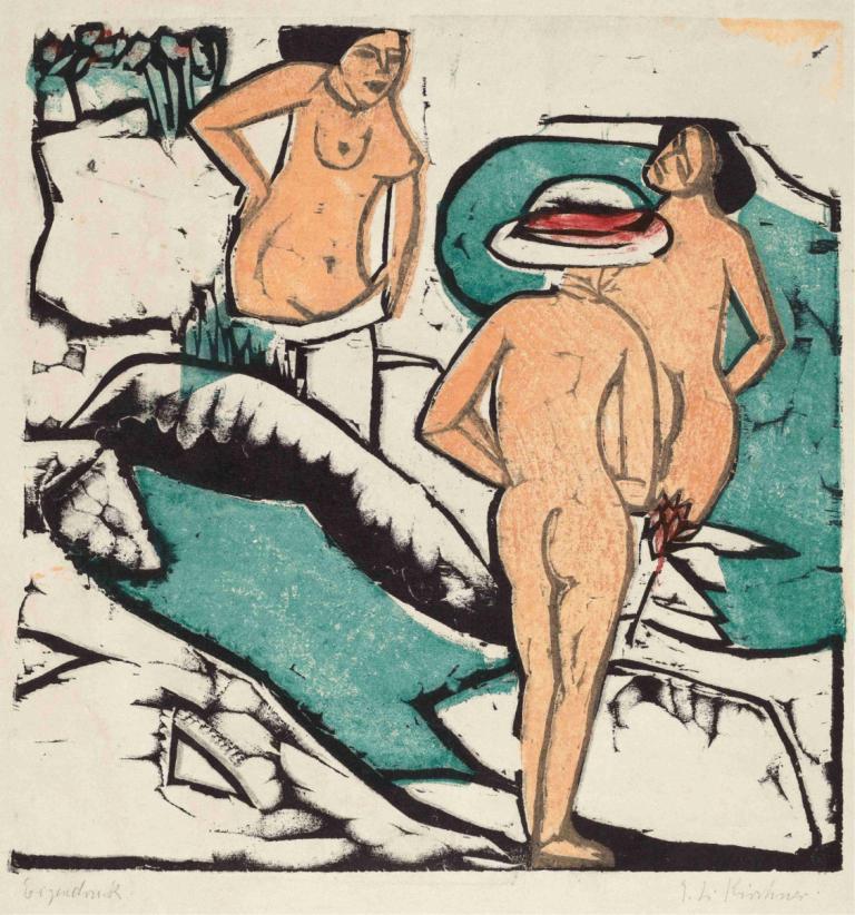 Women Bathing Between White Stones,Kvinder bader mellem hvide sten,Ernst Ludwig Kirchner,Illustration