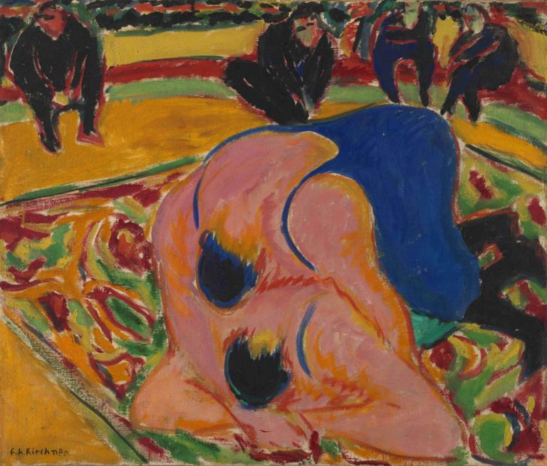 Wrestlers in a Circus,Wrestlere i et cirkus,Ernst Ludwig Kirchner,Pastel,Pastel, sort hår, solo, blå tank top