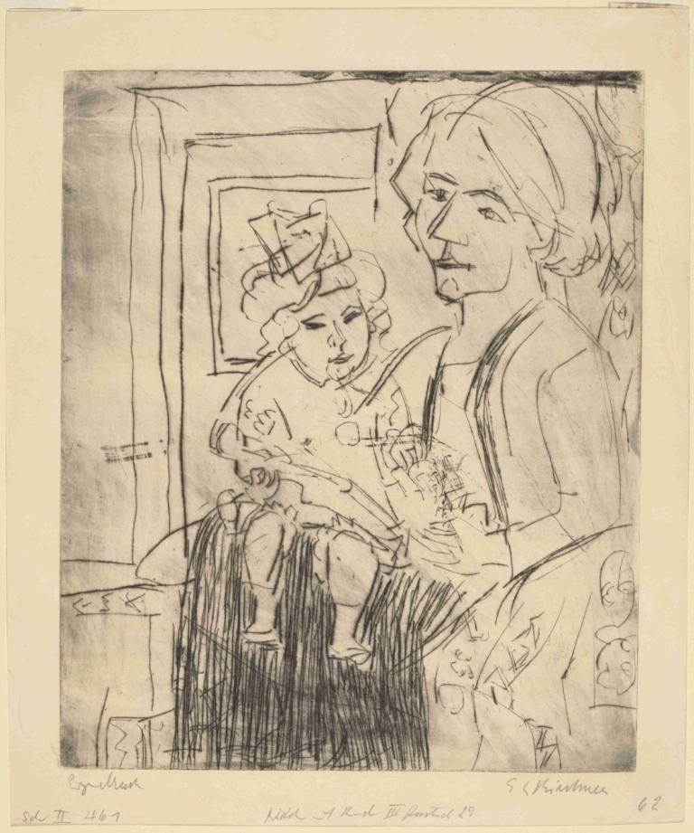 Young Woman with Child,Ung kvinde med barn,Ernst Ludwig Kirchner,Skitse,Skitse, monokrom, siddende, baby