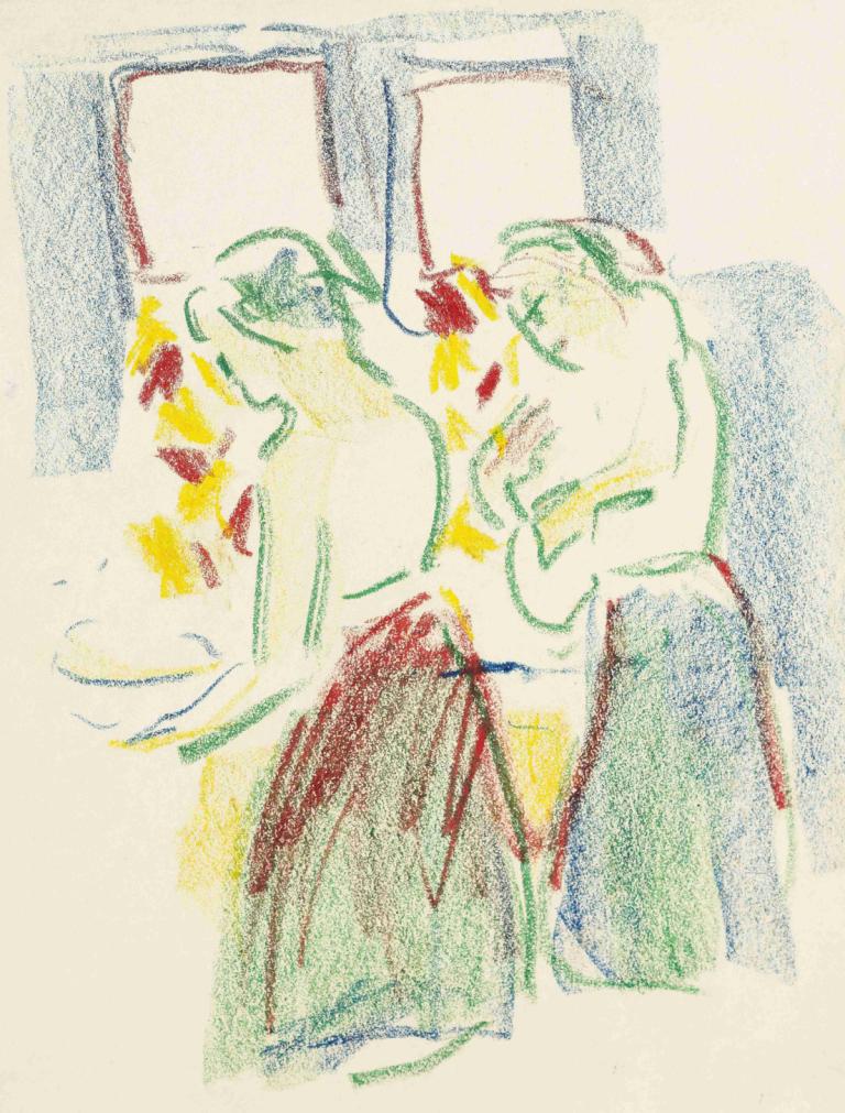 Zwei Mädchen bei der Toilette,トイレでの2人の少女,Ernst Ludwig Kirchner,エルンスト・ルートヴィヒ・キルヒナー,カラースケッチ,カラースケッチ, 従来のメディア