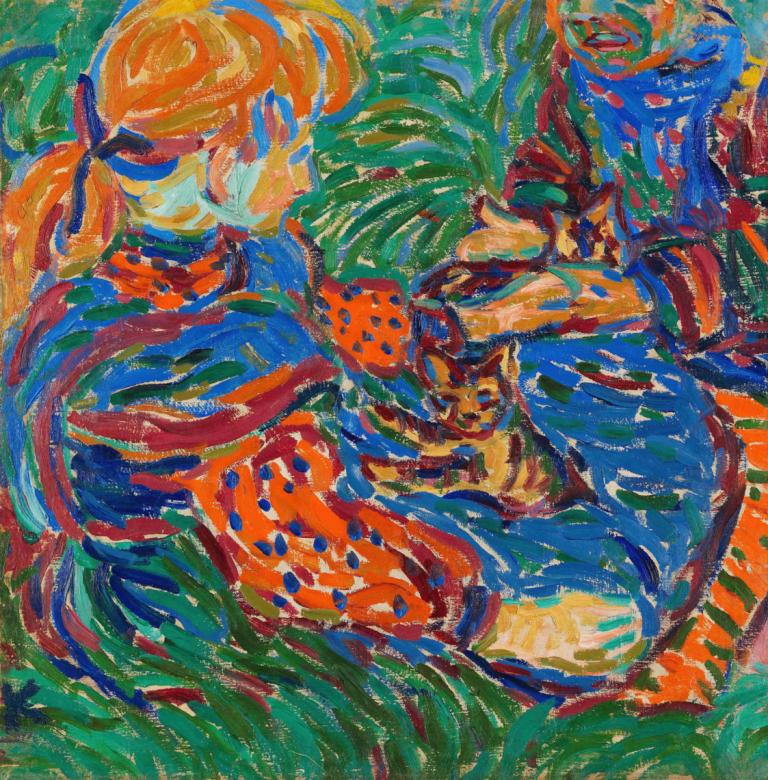 Zwei mit Katzen spielende Mädchen,Ernst Ludwig Kirchner,Pastel,Pastel, solo, no humans, colorful, leaf