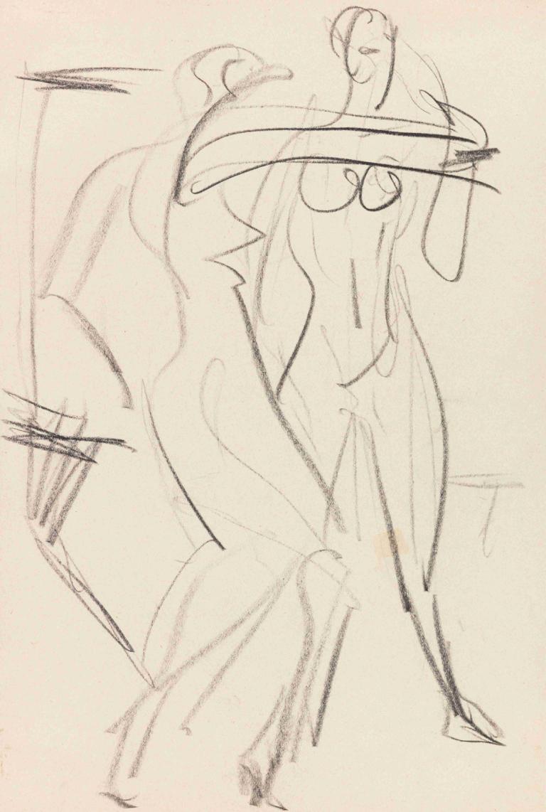 Zwei weibliche Akte,Ernst Ludwig Kirchner,Sketch,Sketch, sketch, monochrome, 1girl, solo, traditional media