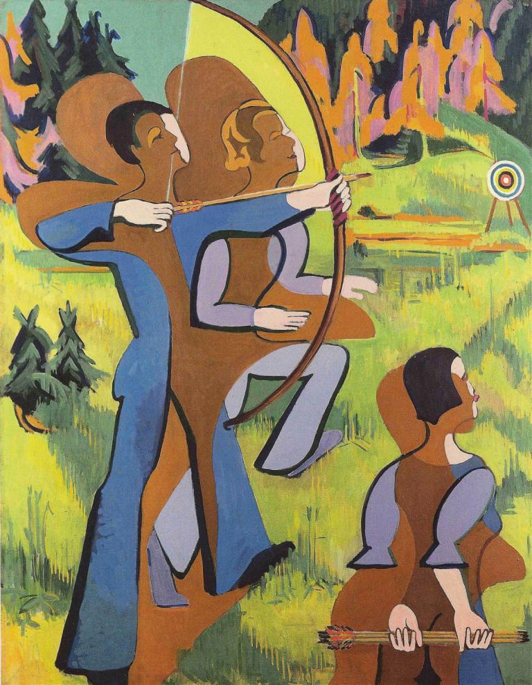 archers,Ernst Ludwig Kirchner,Pastel,Pastel, weapon, bow (weapon), arrow (projectile), holding