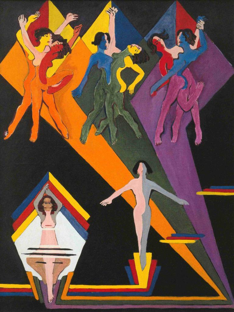 dancing girls in colourful rays,dansande flickor i färgglada strålar,Ernst Ludwig Kirchner,Pastell,Pastell